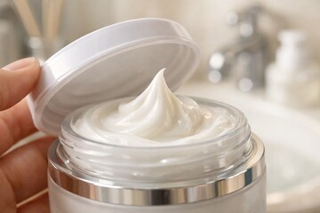 Creamy Indulgence: A close-up shot of a jar of luxurious cream, inviting a sensory experience with its smooth texture and rich appearance.