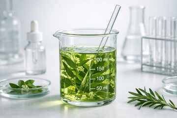 Botanical Elixir: A vibrant botanical elixir simmers within a beaker, surrounded by the tools of scientific discovery, promising the potential of natural science. 