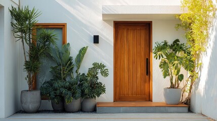 A sunlit exterior view features a wooden door surrounded by lush greenery and a minimalist architectural design. The composition is clean and inviting