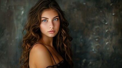 Model in studio lighting with flowing hair and striking blue eyes looking towards the camera with a neutral background