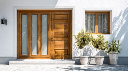 A sunlit exterior view features a wooden door with glass panels and a small window with lace curtains. Potted plants add a touch of nature