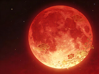 midautumn festival moon illustration with glowing red lunar disc and dreamy bokeh