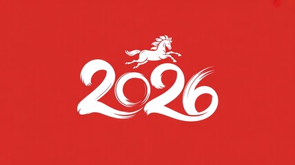 Elegant 2026 New Year Design with Dynamic White Horse on Red Background Ideal for Celebrations and Future Plans