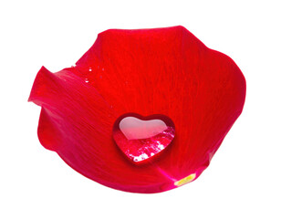 A single rose petal with a heart shaped water drop, white background
