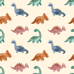 Seamless pattern with cartoon dinosaurs on a beige background. Drawn colored dinosaurs for children's room and textiles. Children's illustration