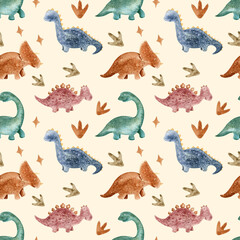 Seamless pattern with cartoon dinosaurs on a beige background. Drawn colored dinosaurs for children's room and textiles. Children's illustration