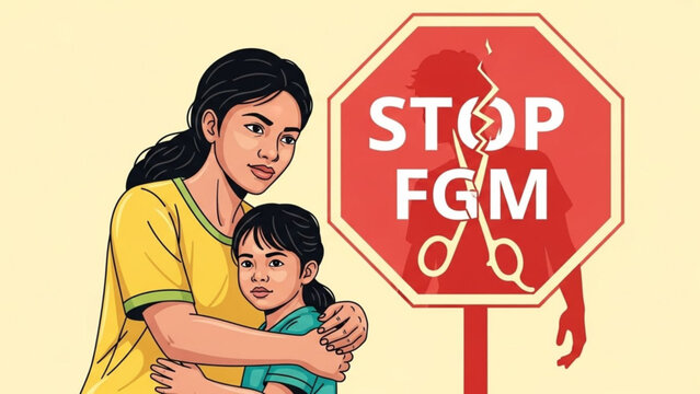 Mother protecting daughter from FGM stop female genital mutilation concept illustration for awareness campaigns and social justice