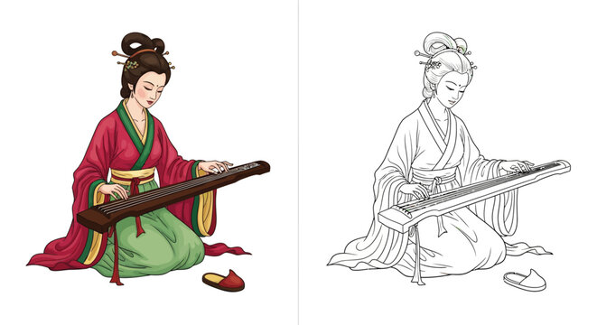 Traditional Chinese Musician Playing Guqin Instrument Color and Detailed Sketch