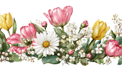 Flowers array pink tulips, yellow tulips, daisies, baby?s breath