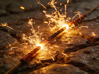 traditional holiday fireworks firecrackers igniting on street for celebration background