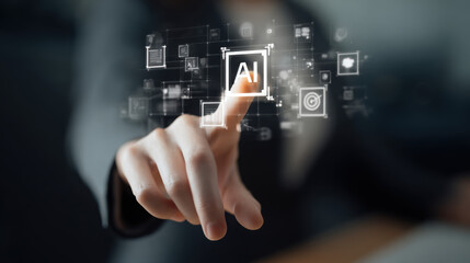 Person touching AI icon surrounded by digital icons representing technology on a virtual interface with a blurred background effect online.