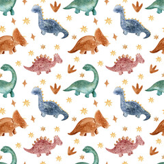 Seamless pattern with cartoon dinosaurs on a white background. Drawn colored dinosaurs for children's room and textiles. Children's illustration