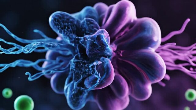 Microscopic View of Cells Interacting and Dividing in a Scientific Study.