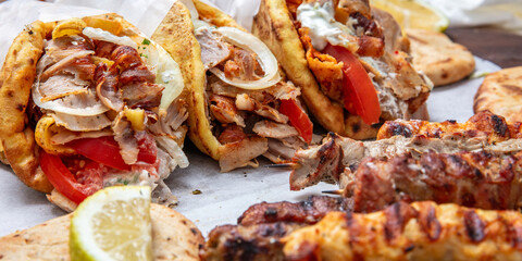 Gyro sliced meat pita bread wraps, pork skewers, and kebab, traditional greek food platter, closeup