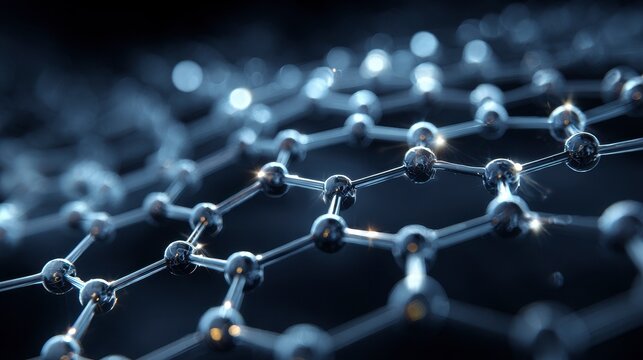Close-up of a molecular structure, showcasing interconnected spheres and lines, creating a geometric pattern with depth and light effects - Powered by Adobe