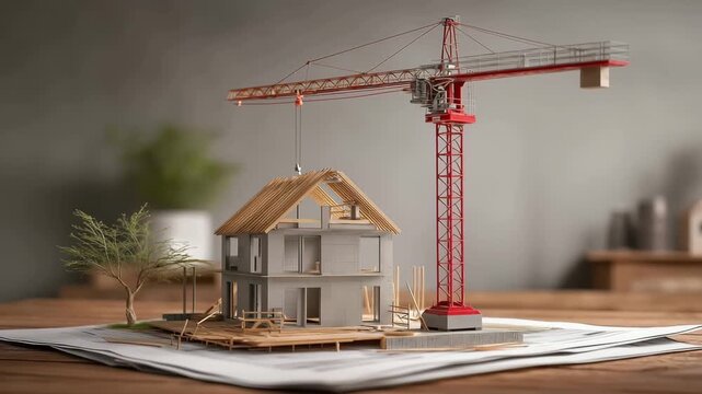 Small model of a construction crane standing on the building plans, next to it is a concrete frame of a two story house