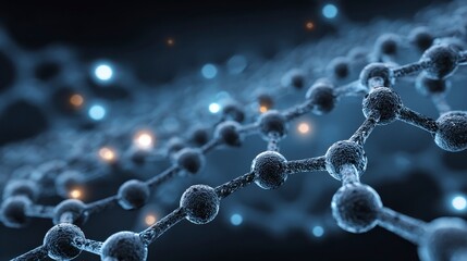A detailed digital rendering depicts a molecular structure, showcasing interconnected spheres in a dark, atmospheric setting with glowing orbs