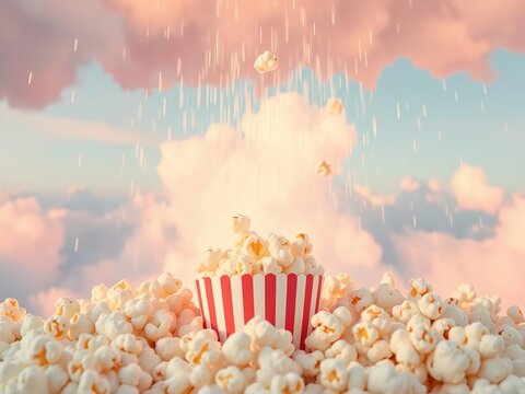 A red and white striped bucket of popcorn sits in a pile of popcorn under a blue sky with pink clouds and rain
