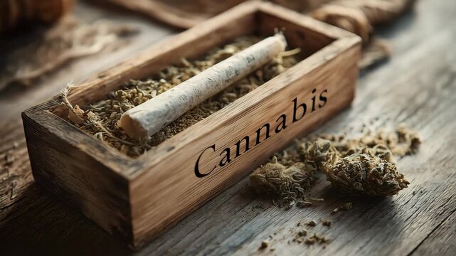 A wooden box with rolling paper filled with cannabis buds