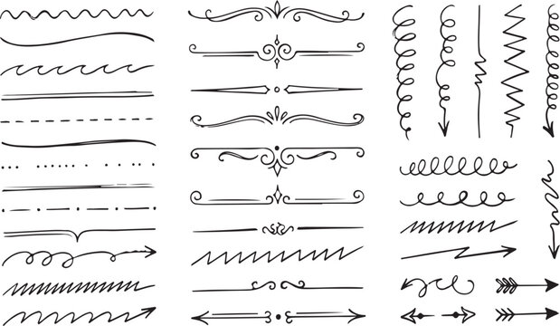 **Large Collection of Hand-Drawn Decorative Dividers, Ornate Flourishes, and Artistic Underlines Vector Illustration on White Background**