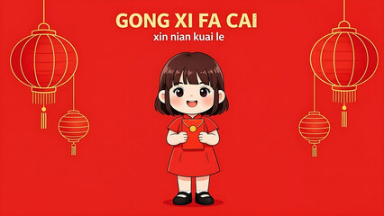 Cute girl Gong xi fa cai, Chinese New Year 2026, Year of Fire Horse card