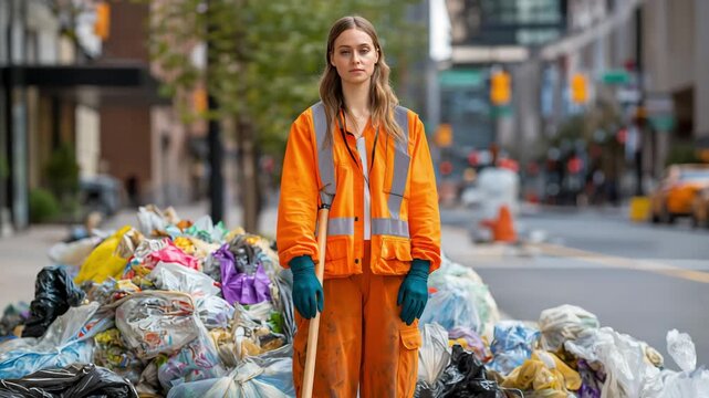 Sanitation worker in uniform standing next to a pile of scattered trash and garbage bags on a city sidewalk holding a trash picker, looking at the camera