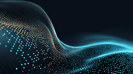 An abstract digital landscape composed of shimmering particles and undulating waves, creating a sense of dynamic flow and advanced technology.