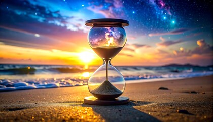 Hourglass on sandy beach with galaxy in upper chamber under vibrant sunset sky