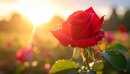 Close-up red rose with dew drops against golden sunrise misty landscape