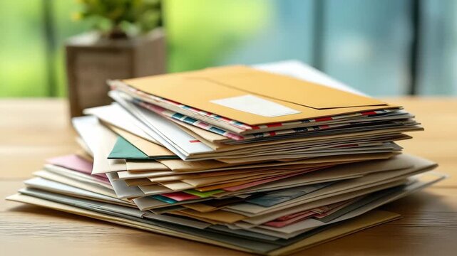 A stack of junk mail on the table at office. Important letters from junk mail, Correspondence, Organization concept