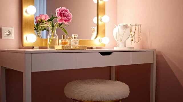 Elegant vanity table with illuminated mirror, flowers, and jewelry in a pink room