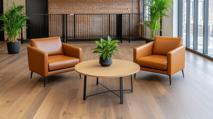 Modern lounge area with brown leather armchair, round wooden table, green plant, and large window