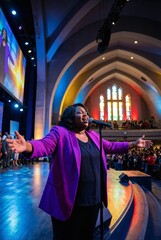 African American female gospel singer passionately performing on stage with arms open wide, surrounded by vibrant church lighting.