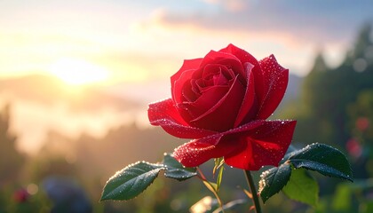 Close-up red rose with dew drops against golden sunrise misty landscape