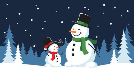 Naklejka premium Two happy snowmen, one large and one small, standing together in a snowy pine forest at night under the bright stars.