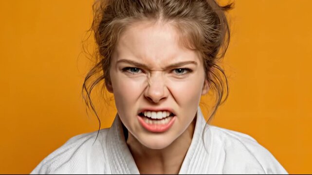 Aggressive Young Woman in White Martial Arts Kimono Shouting Loudly and Looking Down Tired on Yellow Background