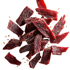 Pile of thin, dried meat strips, reddish-brown color