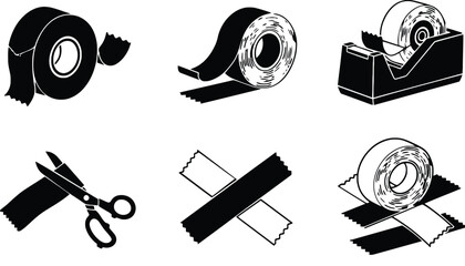 A set of black and white illustrations of tape and scissors on transparent background
