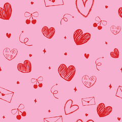 Seamless Valentine's Day pattern of hearts and cherries, Red and pink color, cherry heart pattern background hand drawn doodle