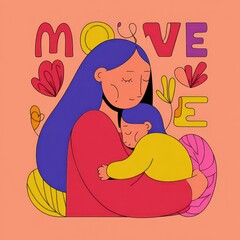 Mother Holding Sleeping Child with Colorful Flowers and Letters Illustration