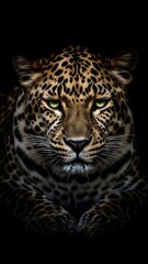 Obraz premium Majestic close-up portrait of a leopard with green eyes staring forward against a dark background