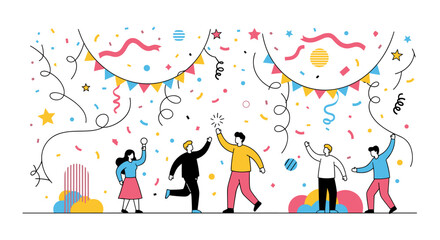 Fototapeta premium Cheerful people celebrating with hands up under falling confetti and festive bunting in a lively and vibrant party atmosphere.