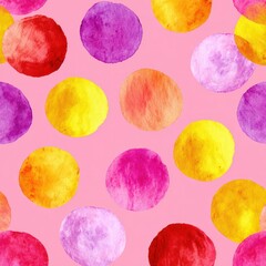 Colorful Watercolor Circles Pattern on Pink Background, Seamless Abstract Design