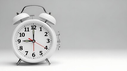 Classic white twin-bell alarm clock on a minimalist light grey background