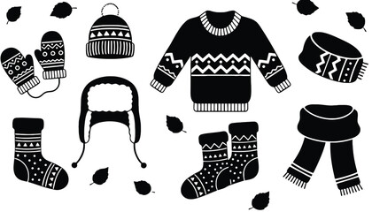 A collection of winter clothing items on transparent background