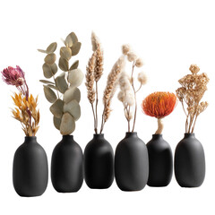 Dried floral arrangements in black bud vases