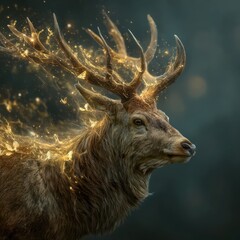 Majestic Brown Deer with Golden Magical Butterflies in Forest Setting