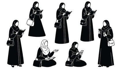 A group of women wearing hijabs and abayas in various poses on transparent background
