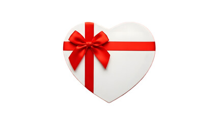 White heart shaped gift box with red ribbon isolated on transparent background