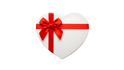 White heart shaped gift box with red ribbon isolated on transparent background